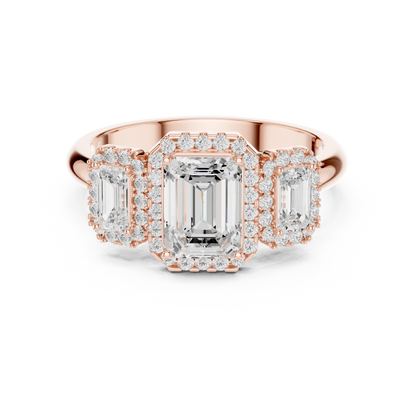 Emerald Cut Three Stone Halo Ring