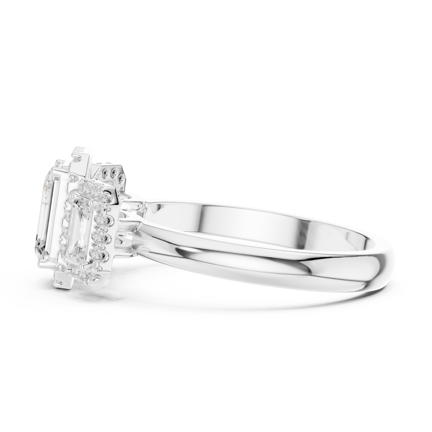 Emerald Cut Three Stone Halo Ring
