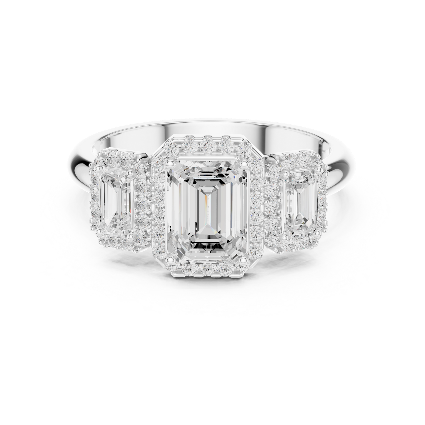 Emerald Cut Three Stone Halo Ring