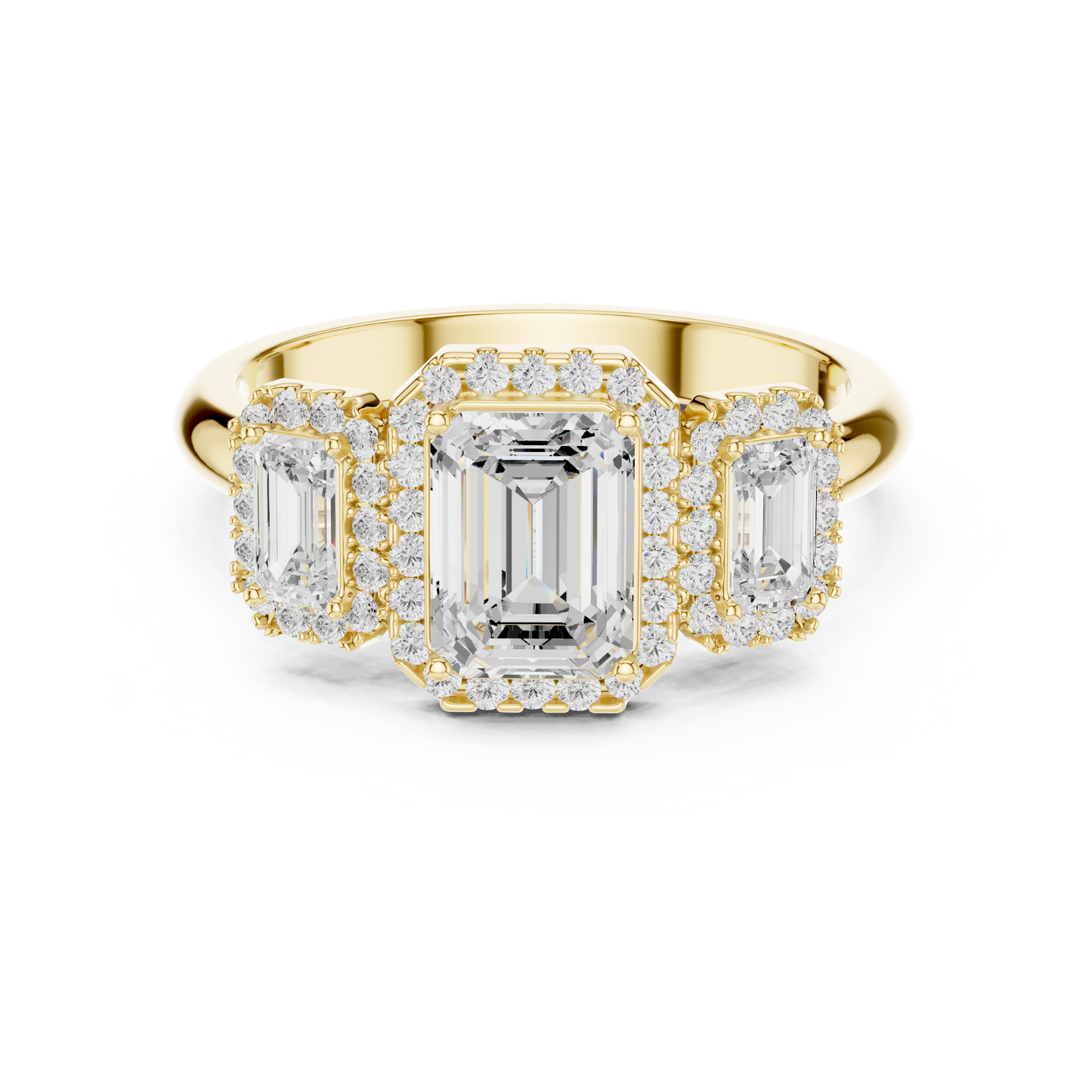 Emerald Cut Three Stone Halo Ring