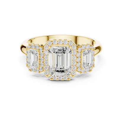 Emerald Cut Three Stone Halo Ring