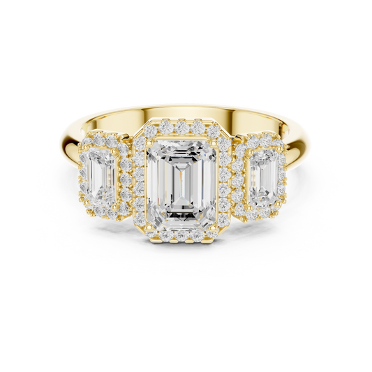 Emerald Cut Three Stone Halo Ring