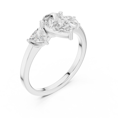 Pear Cut Three-Stone Diamond Ring with Curved Trillion Side Stones