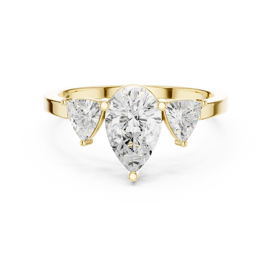 Pear Cut Three-Stone Diamond Ring with Curved Trillion Side Stones