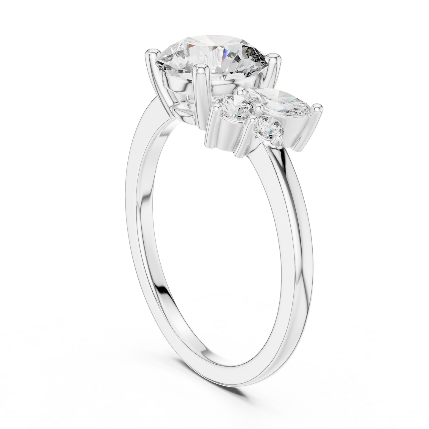 Round Diamond Ring with Marquise Side Accents