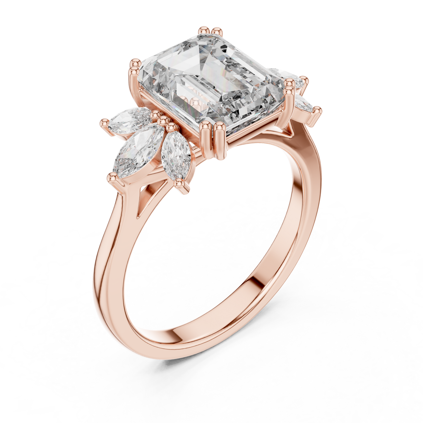 Emerald-Cut Diamond Ring with Marquise Side Accents