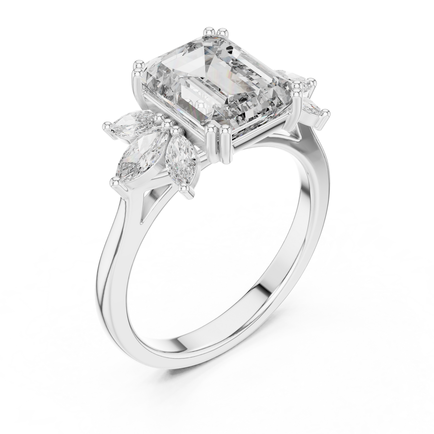 Emerald-Cut Diamond Ring with Marquise Side Accents