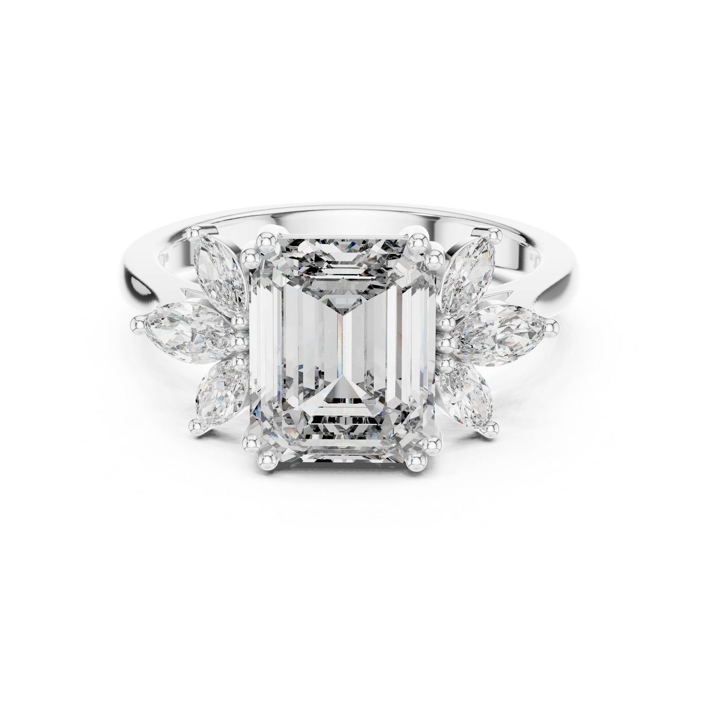 Emerald-Cut Diamond Ring with Marquise Side Accents