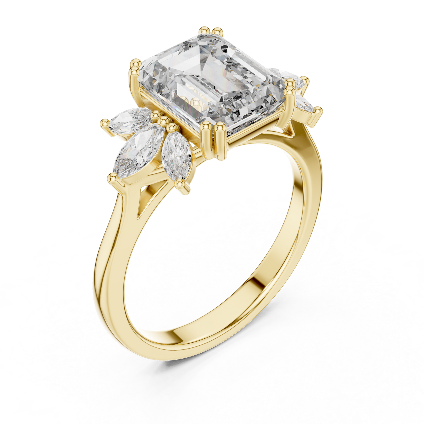 Emerald-Cut Diamond Ring with Marquise Side Accents