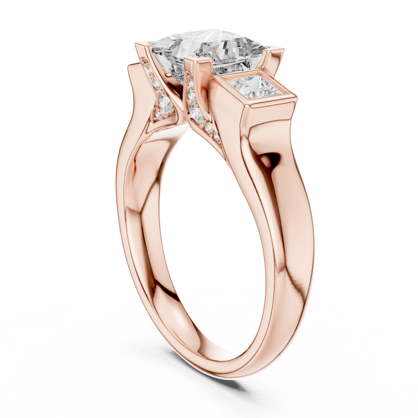 Princess Cut Three-Stone Diamond Ring with Bezel-Set Side Stones