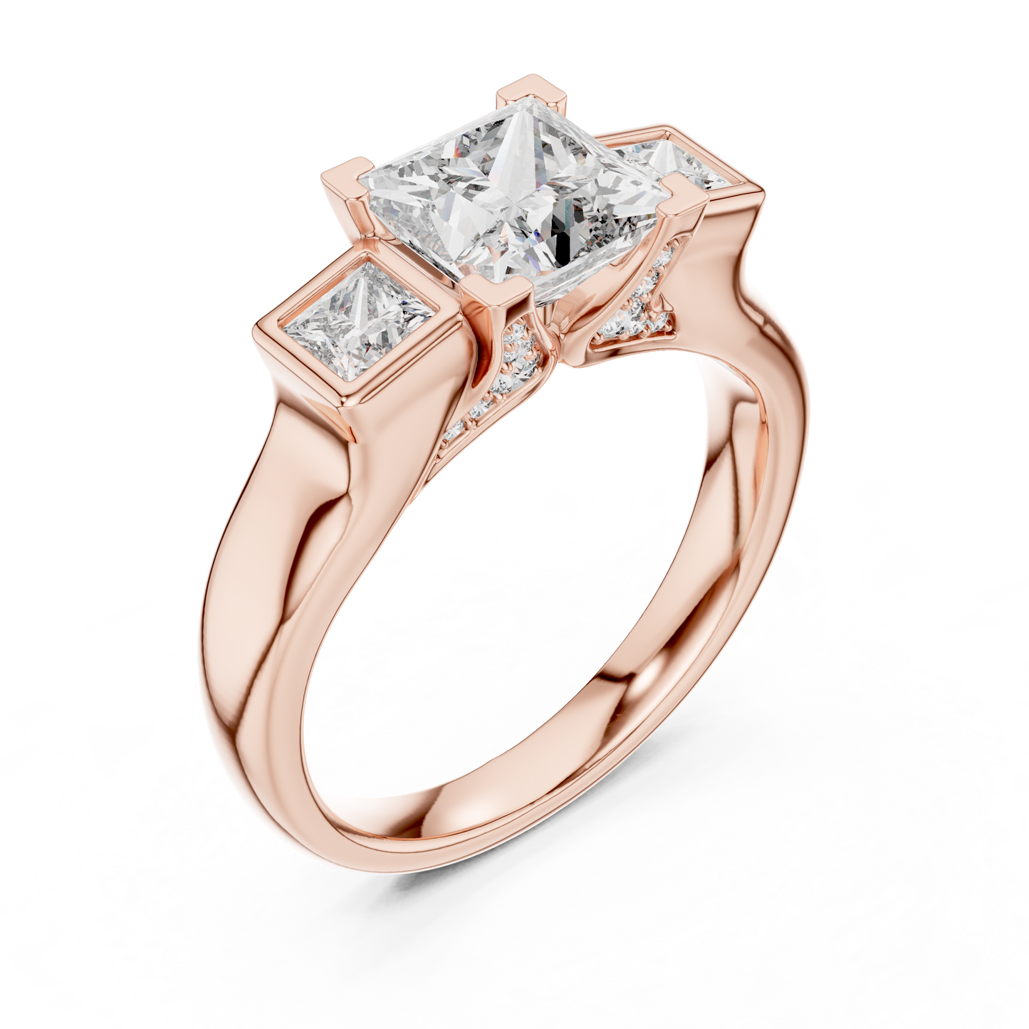 Princess Cut Three-Stone Diamond Ring with Bezel-Set Side Stones