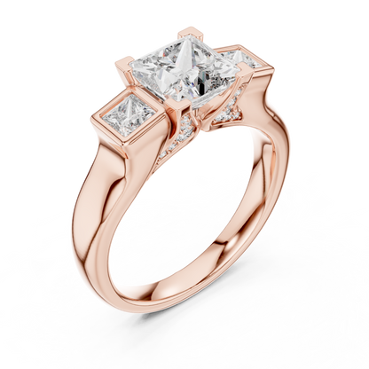 Princess Cut Three-Stone Diamond Ring with Bezel-Set Side Stones