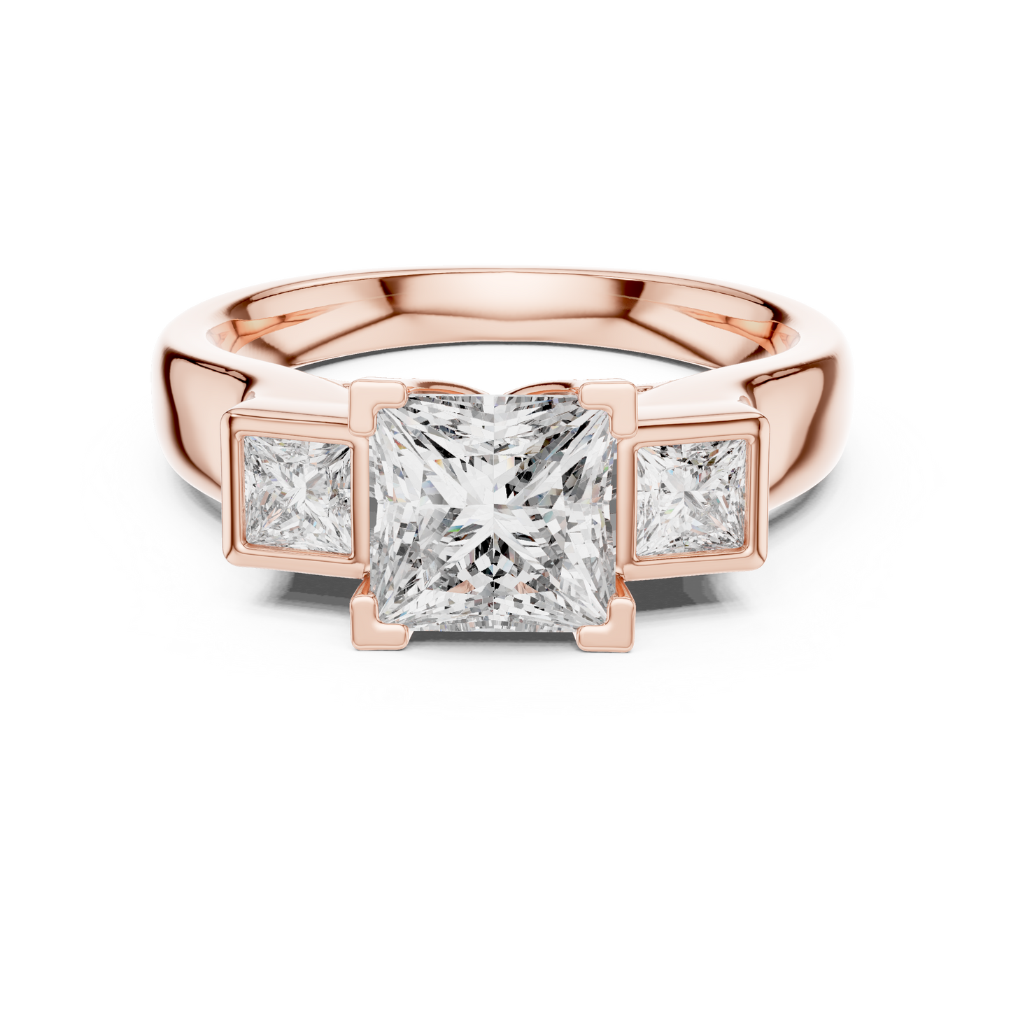 Princess Cut Three-Stone Diamond Ring with Bezel-Set Side Stones