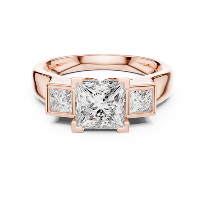Princess Cut Three-Stone Diamond Ring with Bezel-Set Side Stones
