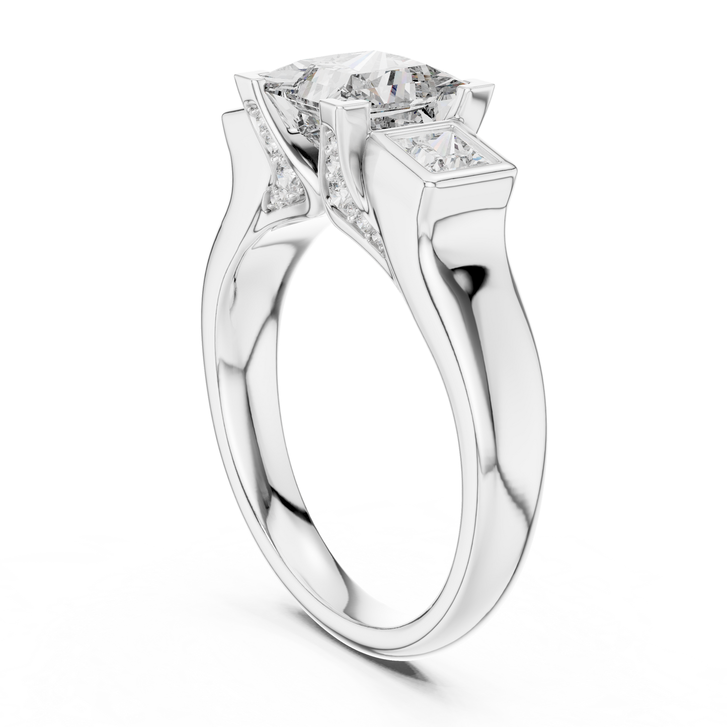 Princess Cut Three-Stone Diamond Ring with Bezel-Set Side Stones