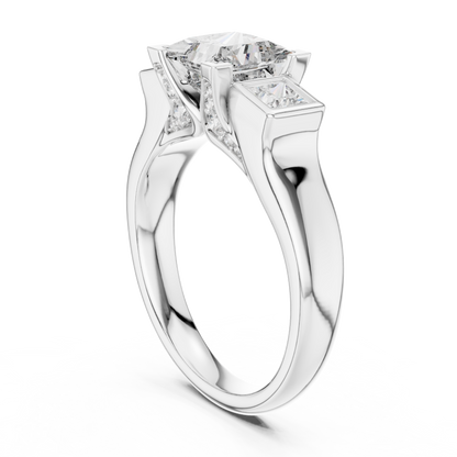 Princess Cut Three-Stone Diamond Ring with Bezel-Set Side Stones
