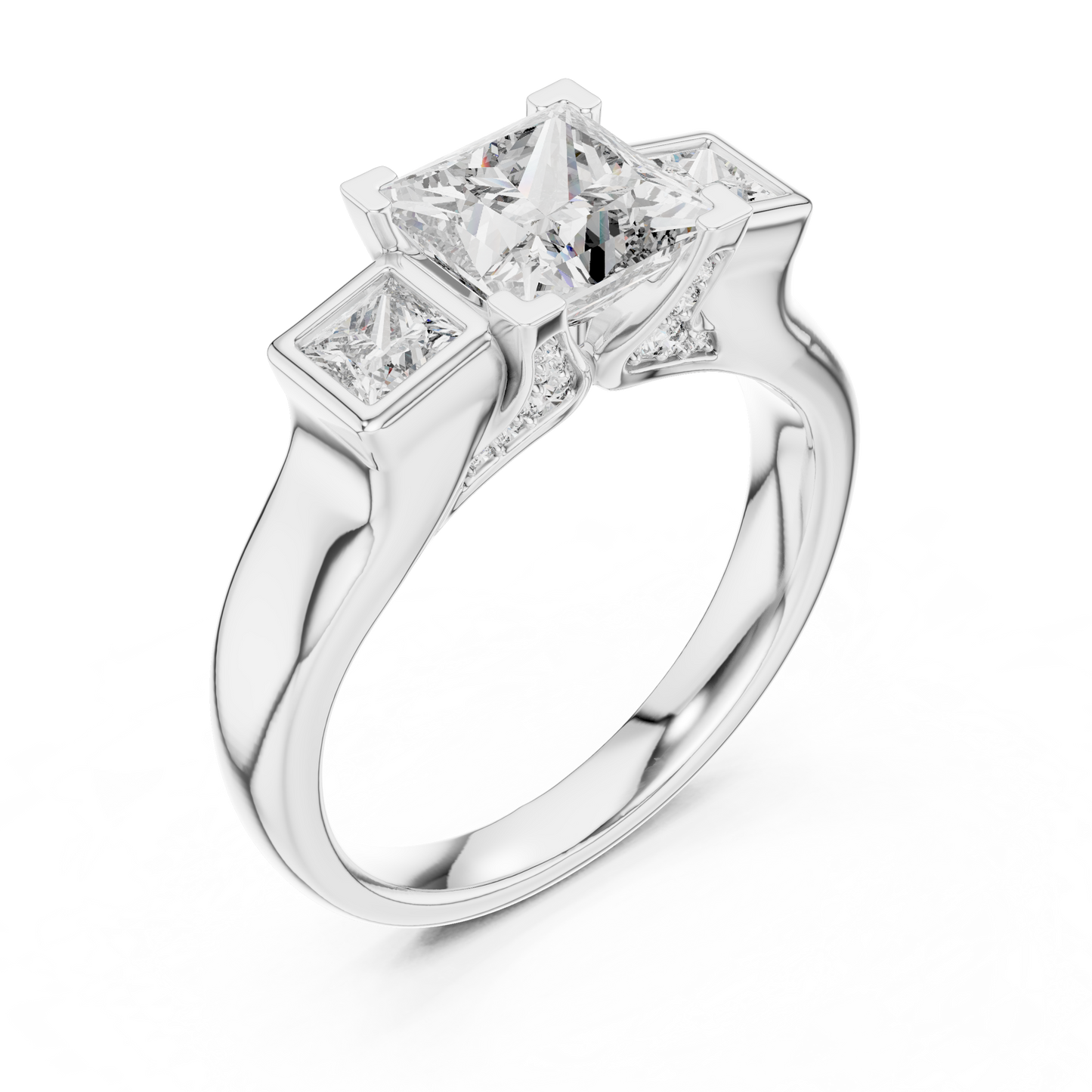 Princess Cut Three-Stone Diamond Ring with Bezel-Set Side Stones