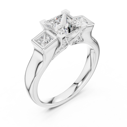 Princess Cut Three-Stone Diamond Ring with Bezel-Set Side Stones