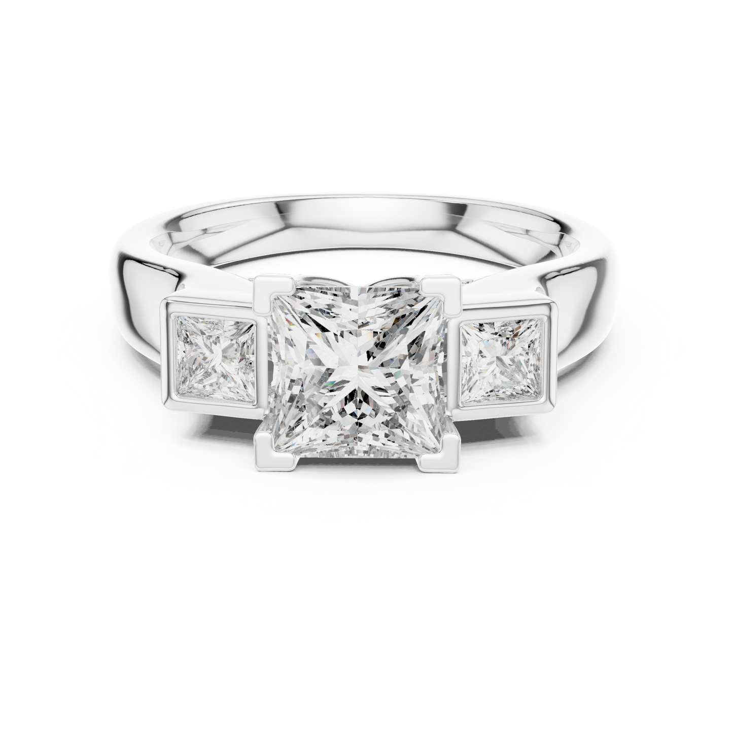 Princess Cut Three-Stone Diamond Ring with Bezel-Set Side Stones