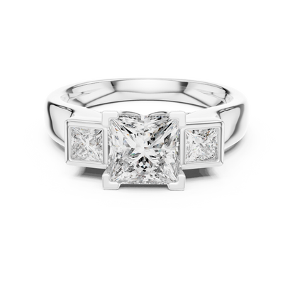 Princess Cut Three-Stone Diamond Ring with Bezel-Set Side Stones