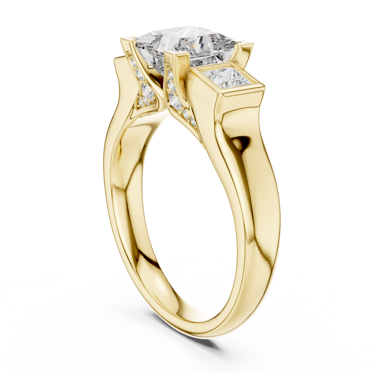 Princess Cut Three-Stone Diamond Ring with Bezel-Set Side Stones