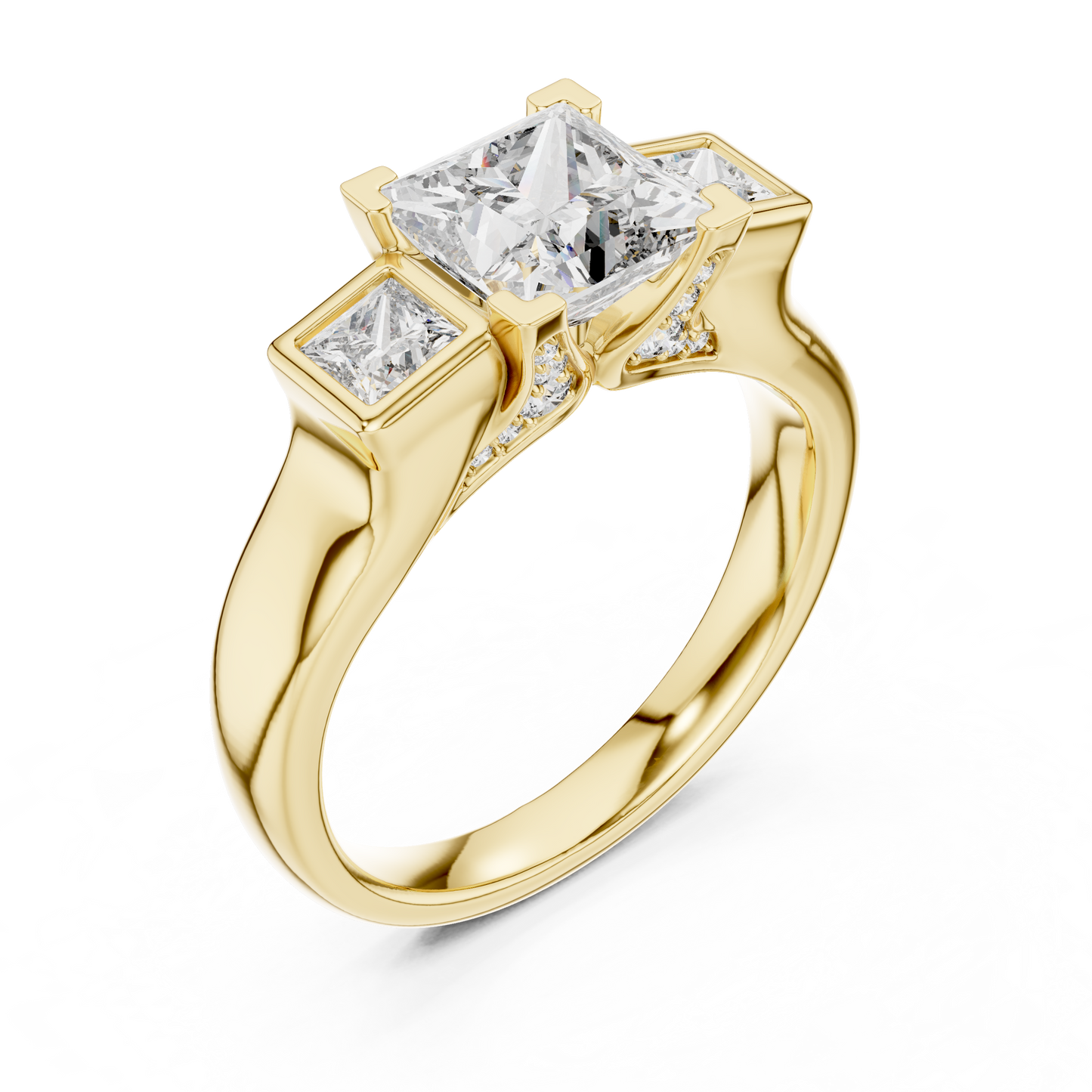 Princess Cut Three-Stone Diamond Ring with Bezel-Set Side Stones