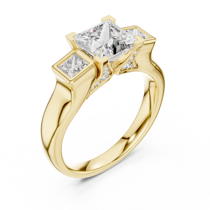 Princess Cut Three-Stone Diamond Ring with Bezel-Set Side Stones