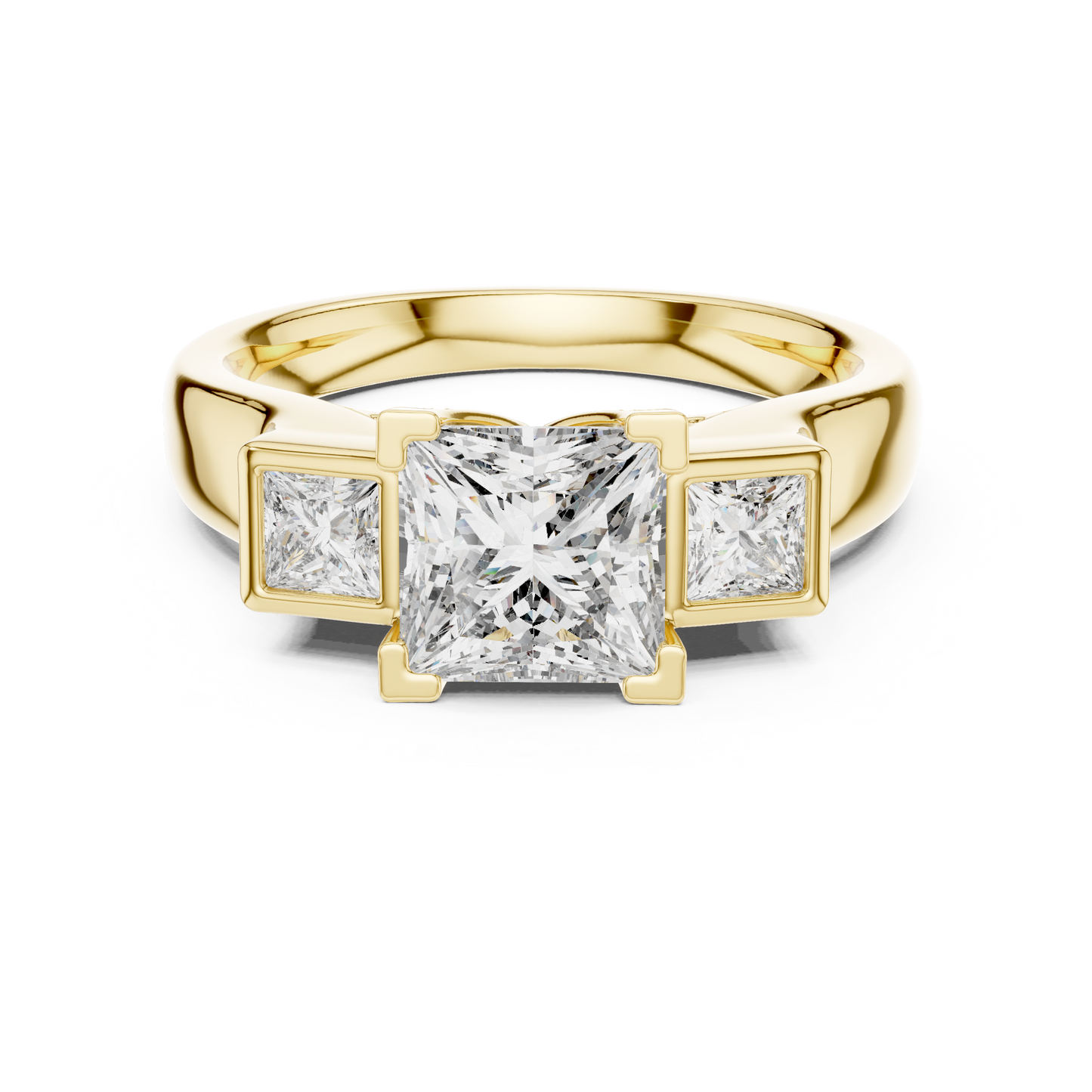 Princess Cut Three-Stone Diamond Ring with Bezel-Set Side Stones