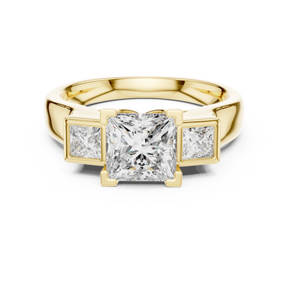 Princess Cut Three-Stone Diamond Ring with Bezel-Set Side Stones