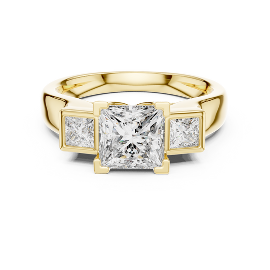 Princess Cut Three-Stone Diamond Ring with Bezel-Set Side Stones