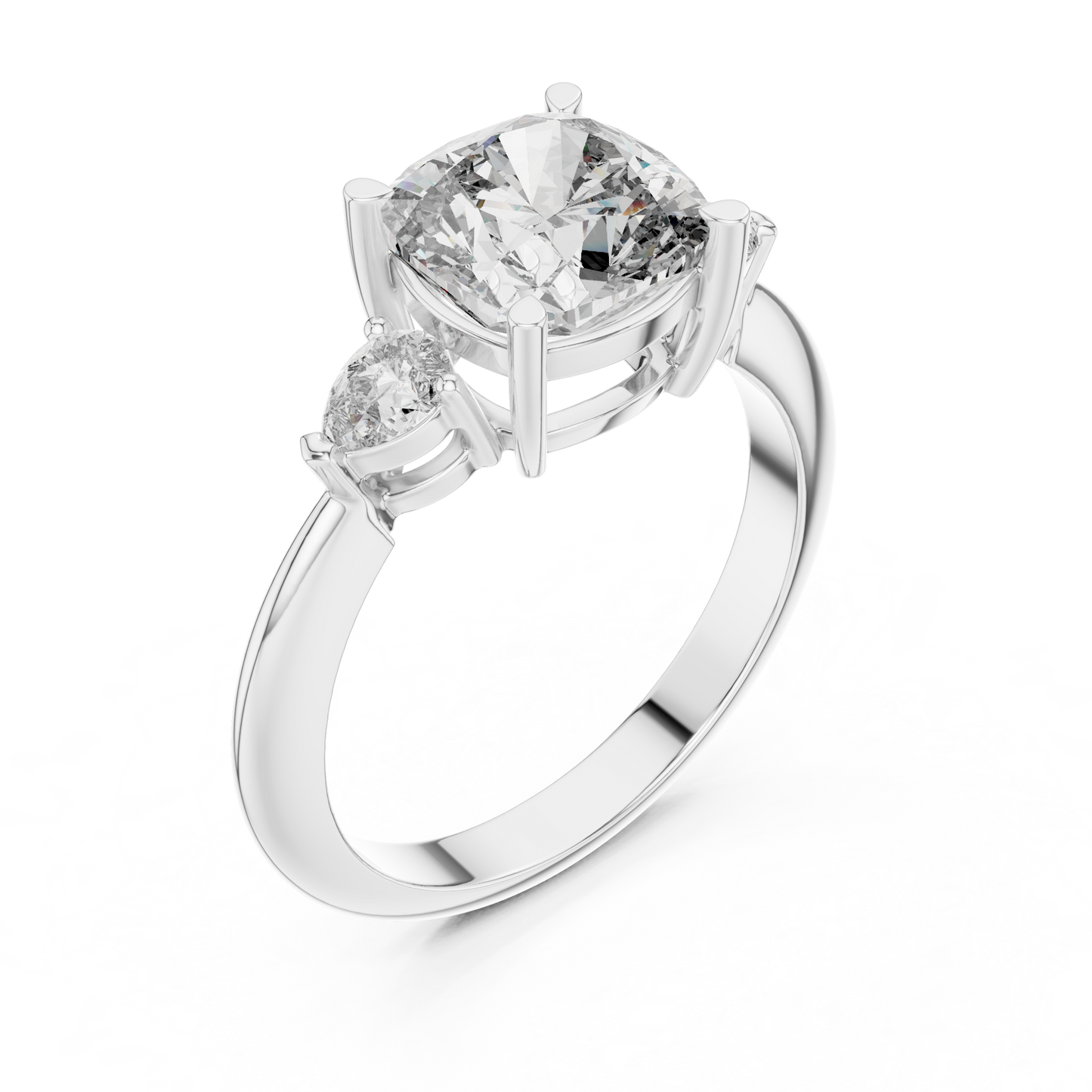 Cushion Cut Three-Stone Diamond Ring with Pear Side Stones