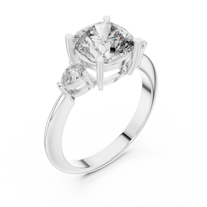 Cushion Cut Three-Stone Diamond Ring with Pear Side Stones