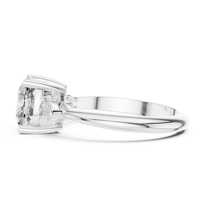 Cushion Cut Three-Stone Diamond Ring with Pear Side Stones