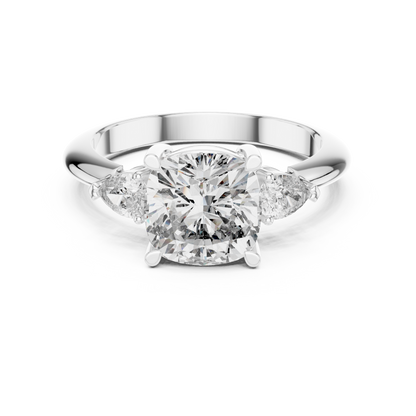 Cushion Cut Three-Stone Diamond Ring with Pear Side Stones