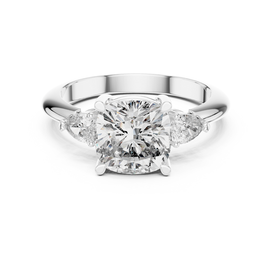 Cushion Cut Three-Stone Diamond Ring with Pear Side Stones