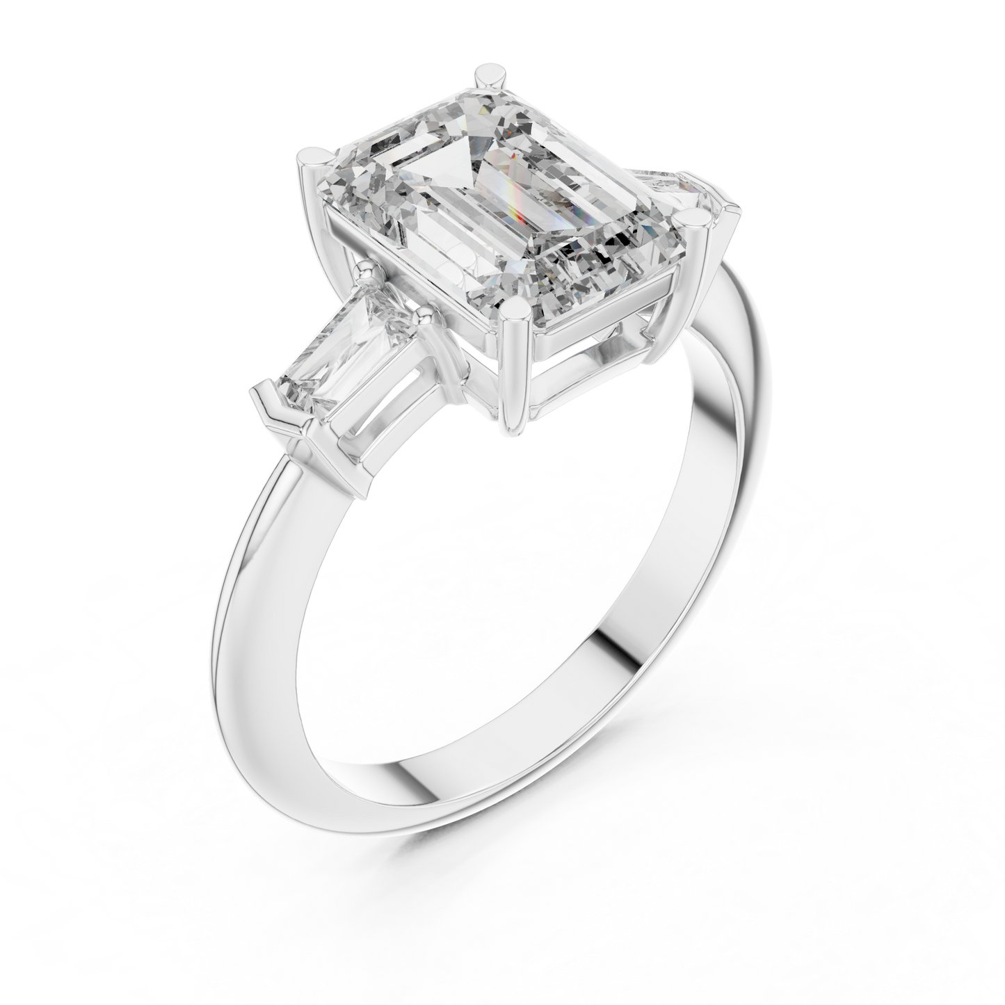 Emerald Cut Three-Stone Diamond Ring with Baguette Side Stones