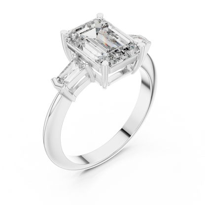 Emerald Cut Three-Stone Diamond Ring with Baguette Side Stones