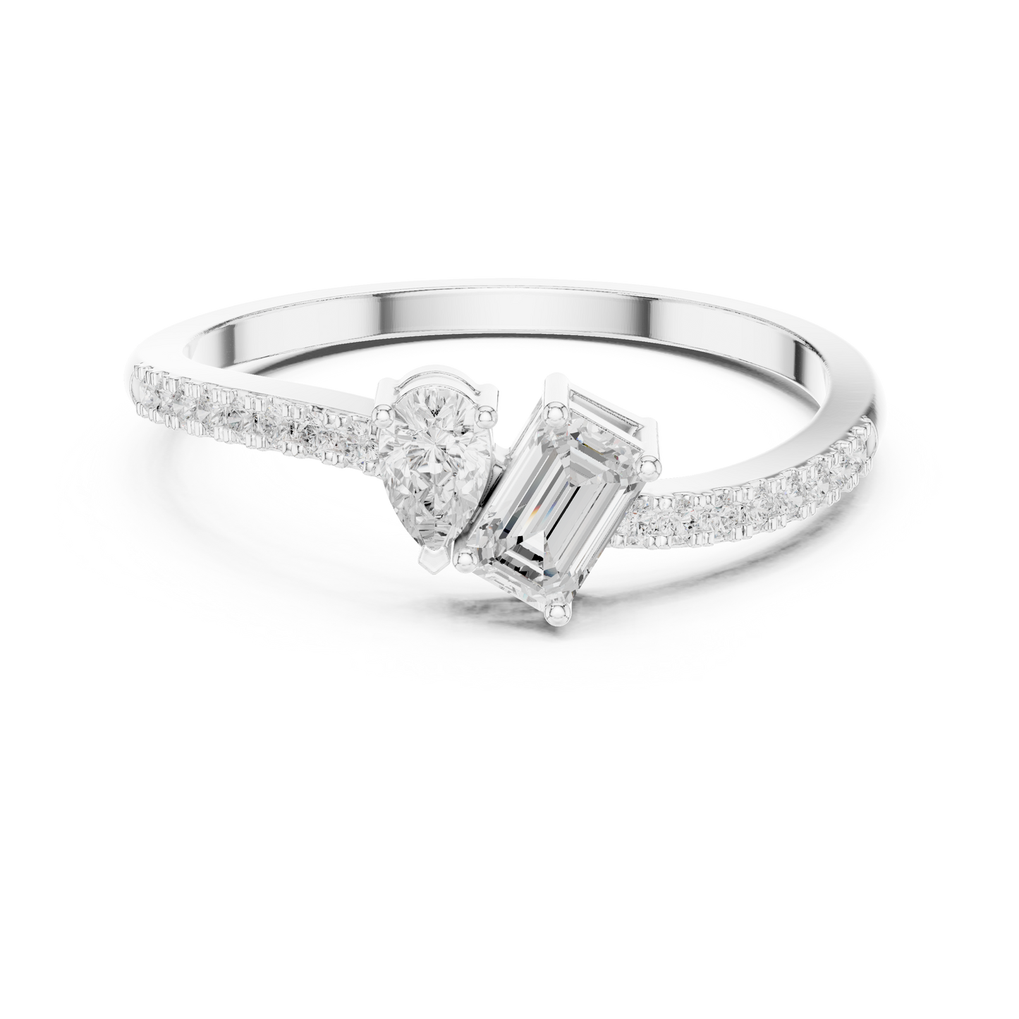 Emerald-Cut and Pear-Shaped Diamond Ring with Micro-Prong Accents