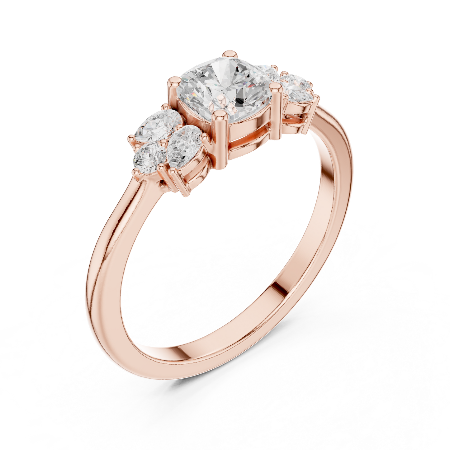 Cushion Diamond Ring with Pear and Round Diamond Accents