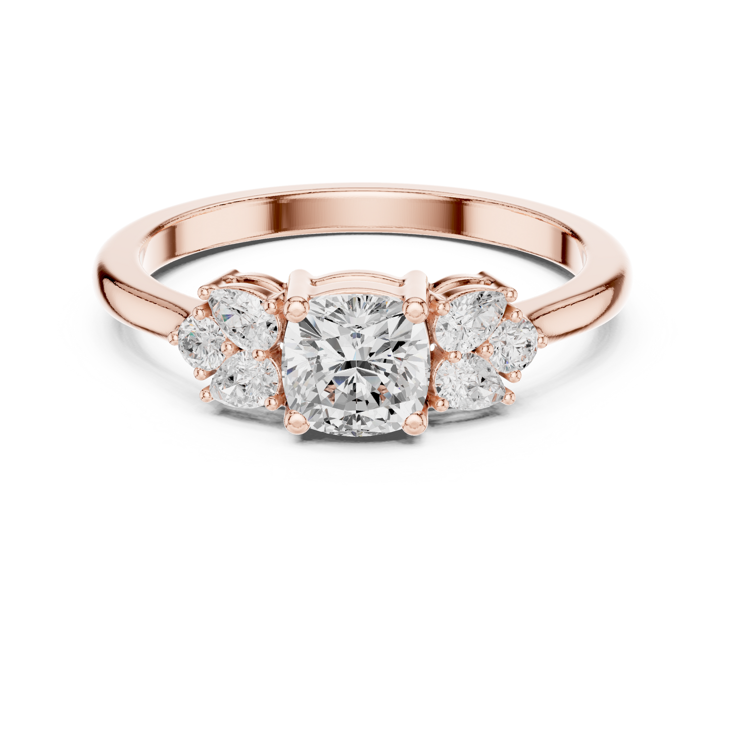 Cushion Diamond Ring with Pear and Round Diamond Accents