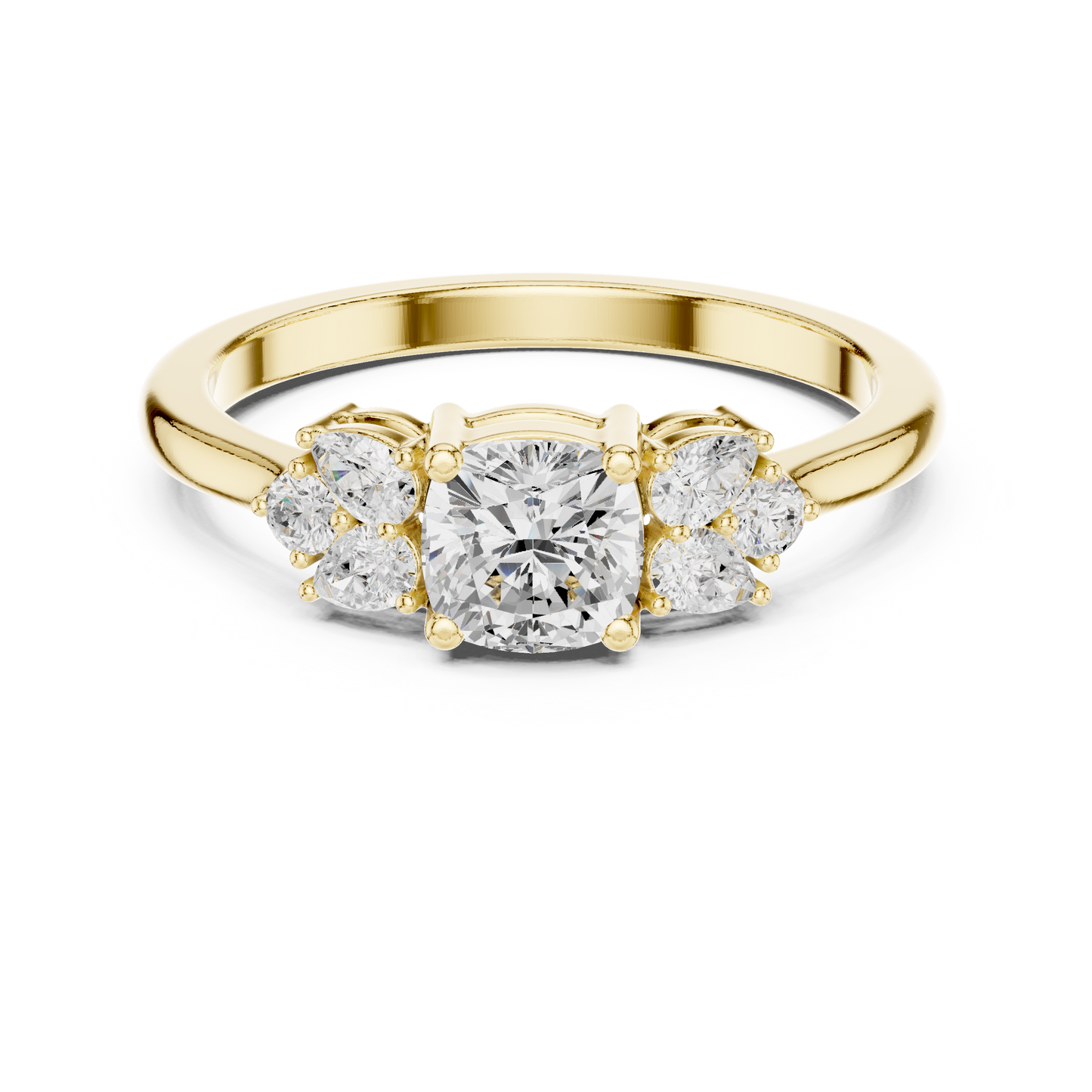 Cushion Diamond Ring with Pear and Round Diamond Accents