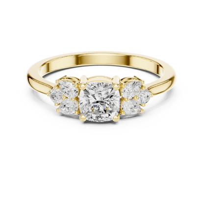 Cushion Diamond Ring with Pear and Round Diamond Accents