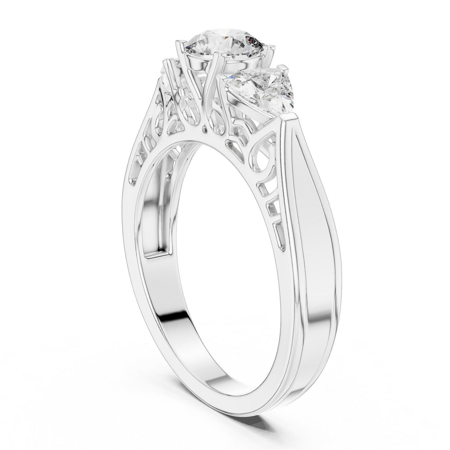 Round Cut Three-Stone Diamond Ring with Trillion Side Stones