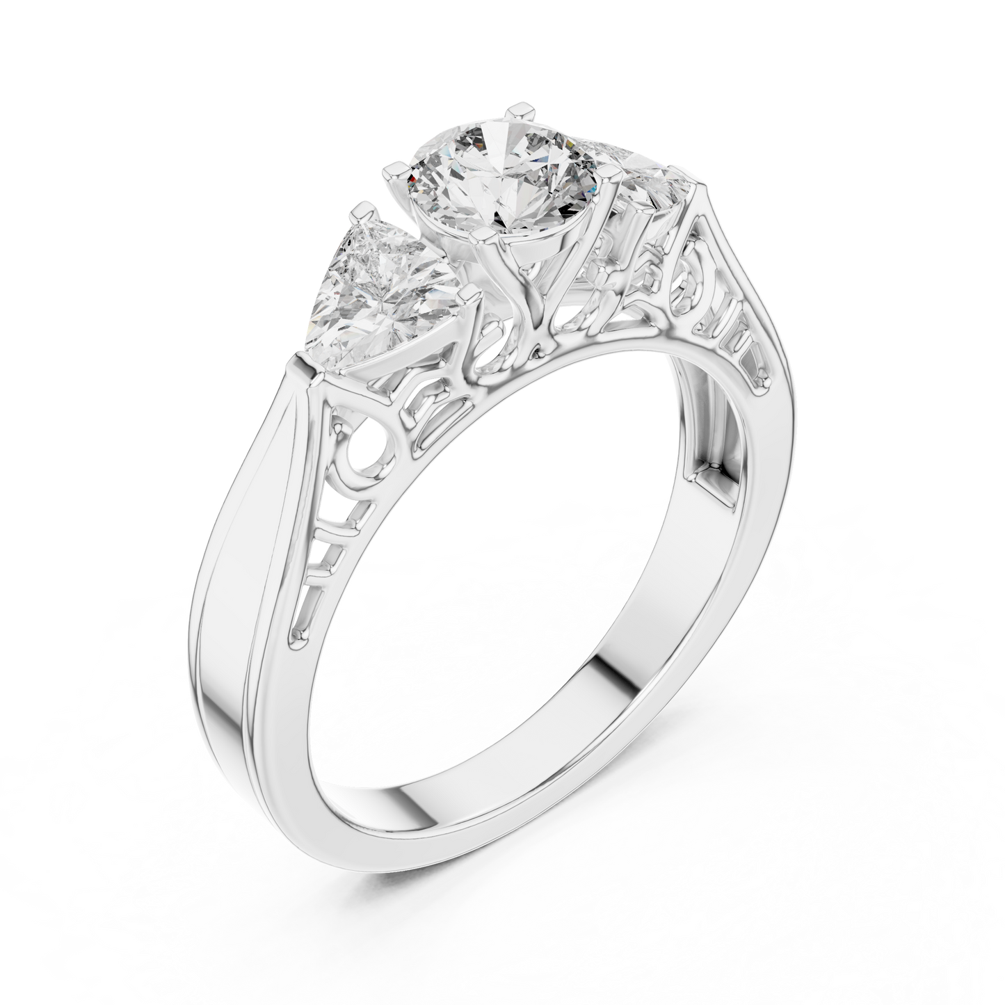 Round Cut Three-Stone Diamond Ring with Trillion Side Stones