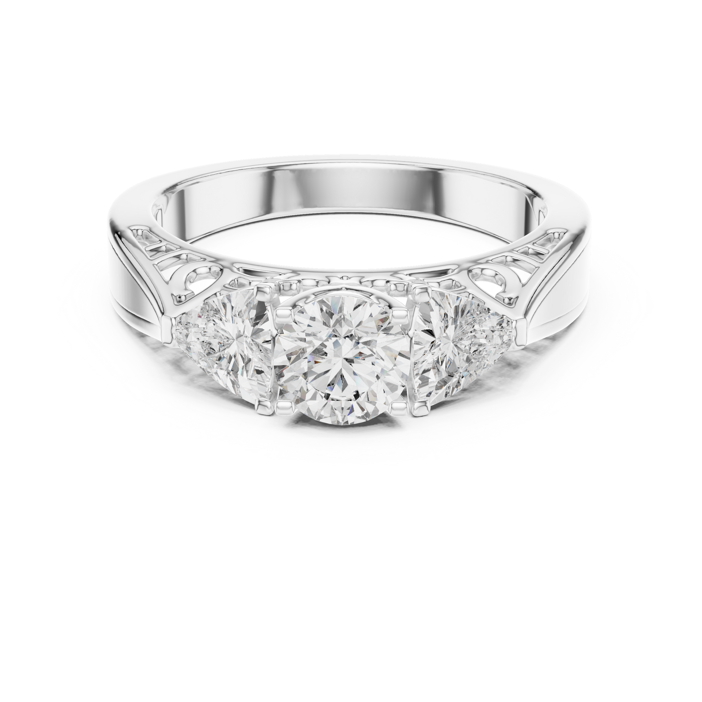 Round Cut Three-Stone Diamond Ring with Trillion Side Stones