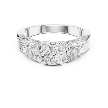 Round Cut Three-Stone Diamond Ring with Trillion Side Stones