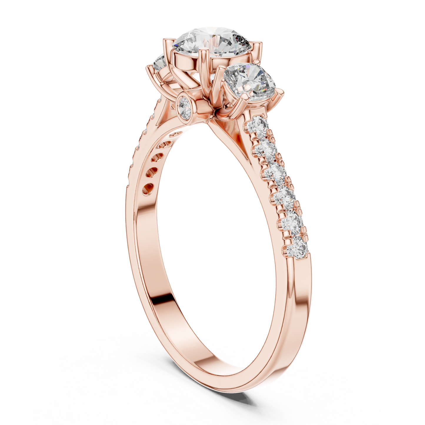 Floral Three-Stone Round Pave Ring