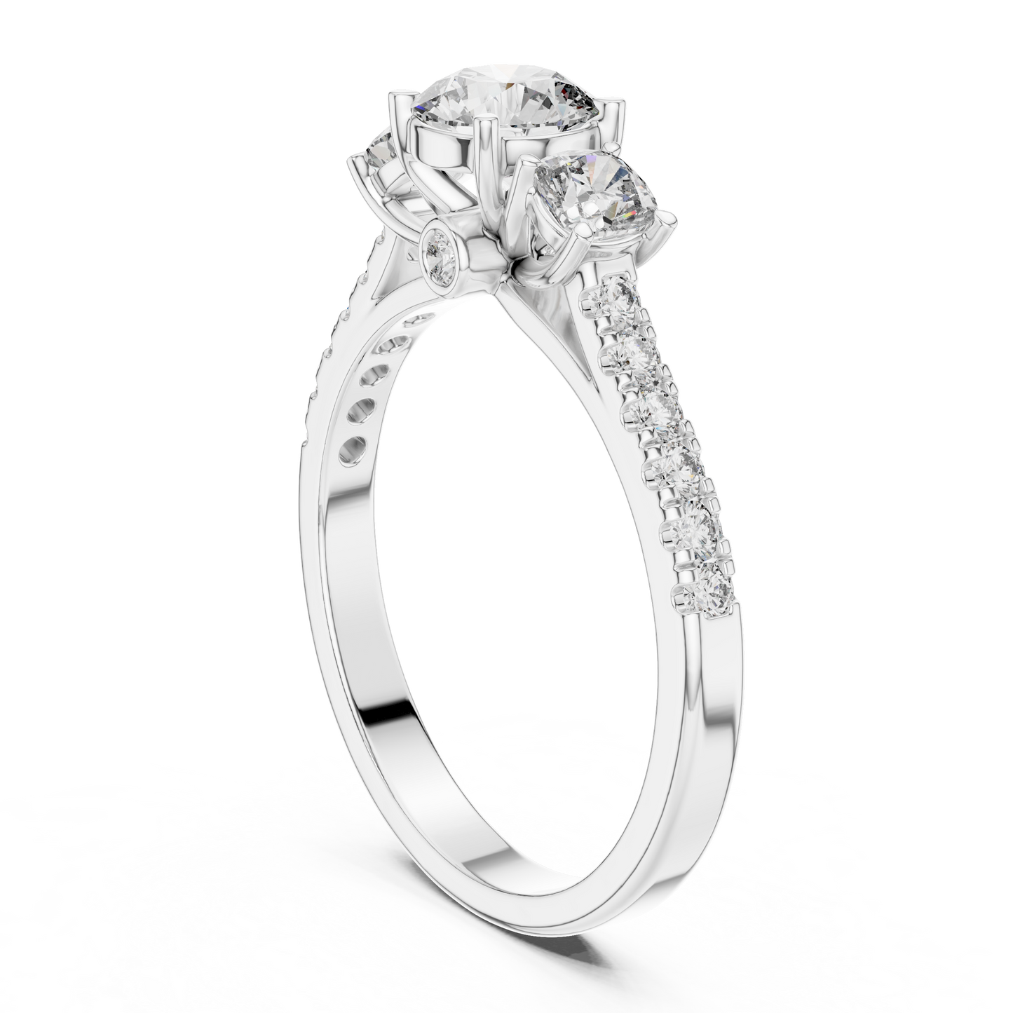 Floral Three-Stone Round Pave Ring