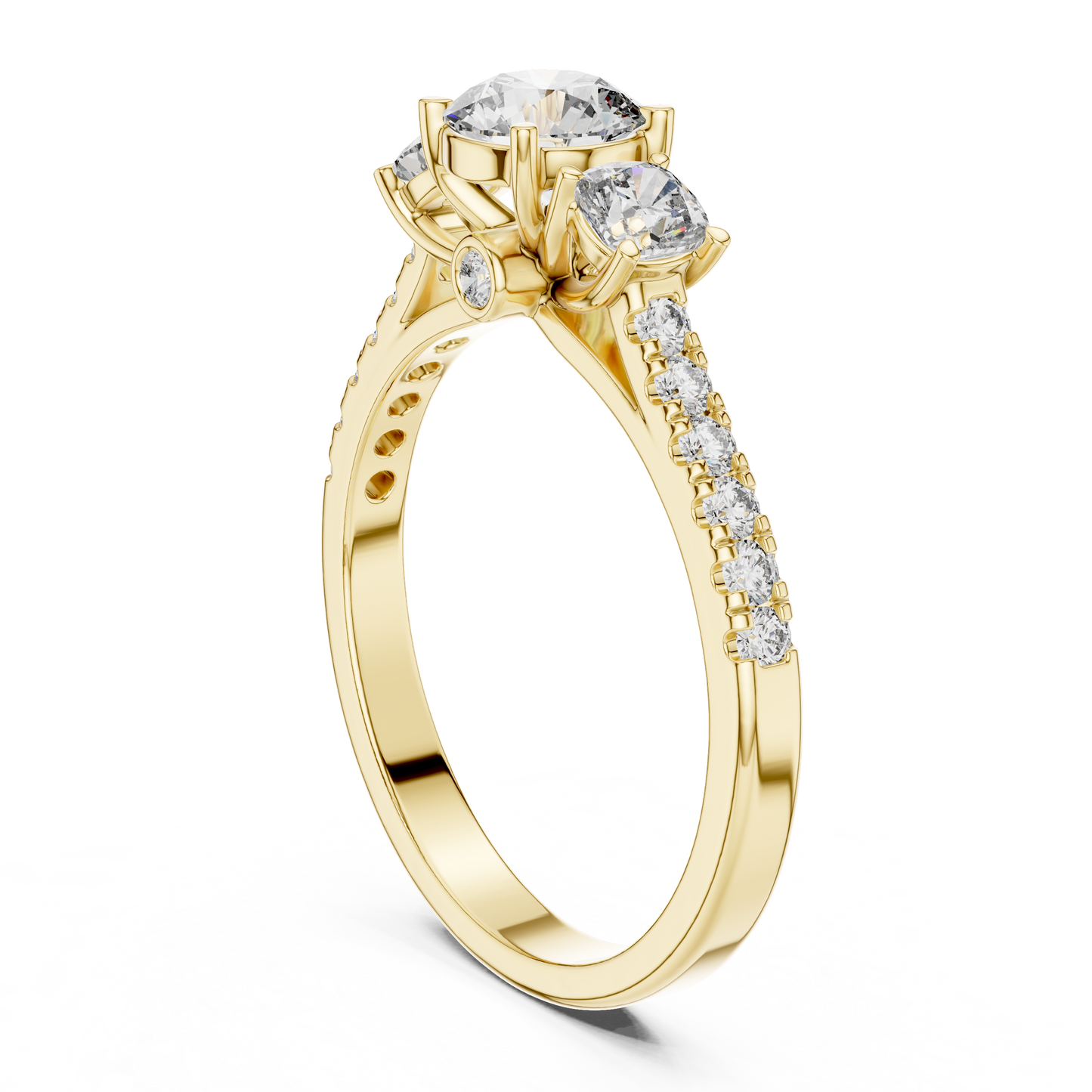 Floral Three-Stone Round Pave Ring