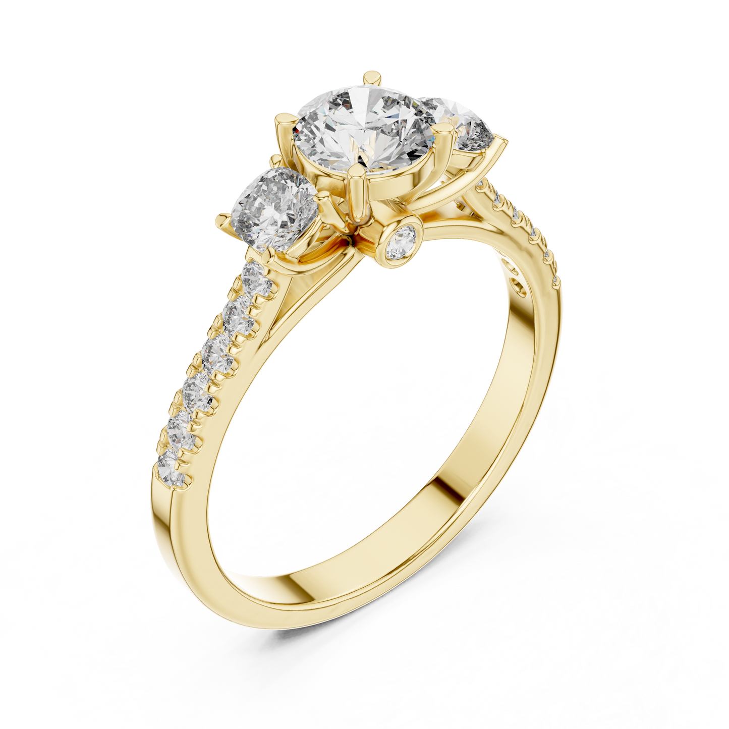 Floral Three-Stone Round Pave Ring